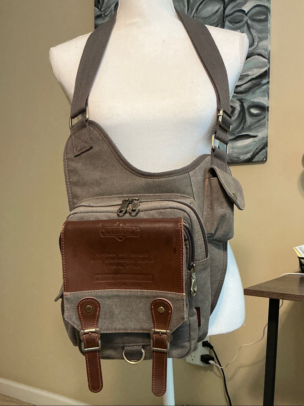 Canvas Crossbody Sling Bag with Brown Leather Flap - Unbranded